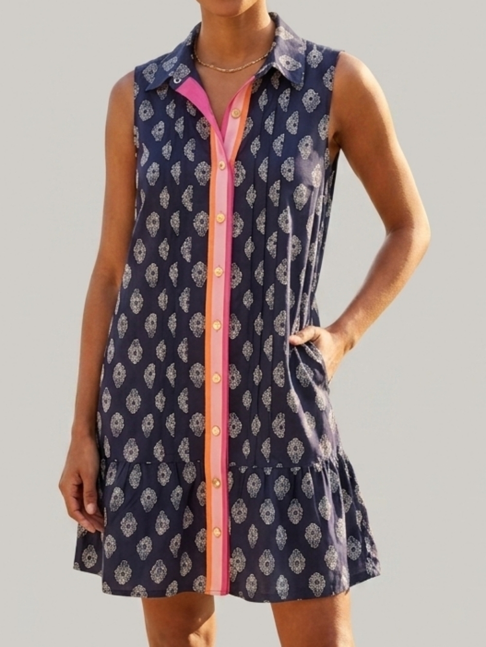THML Navy Sleeveless Button-Front Mini Dress with Pink & Orange Trim